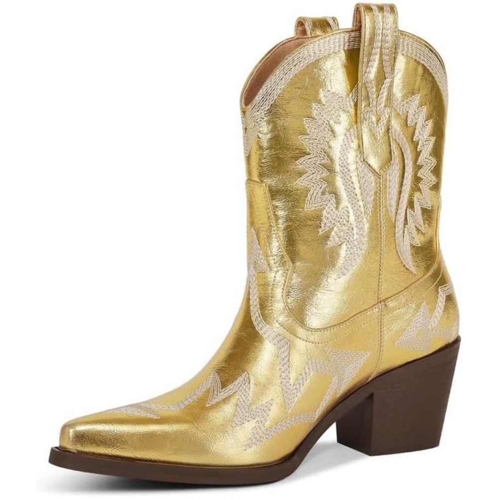 ⚡Women's Gold Metallic Embroidered Pointed Toe Cowgirl Boots Chunky Heel